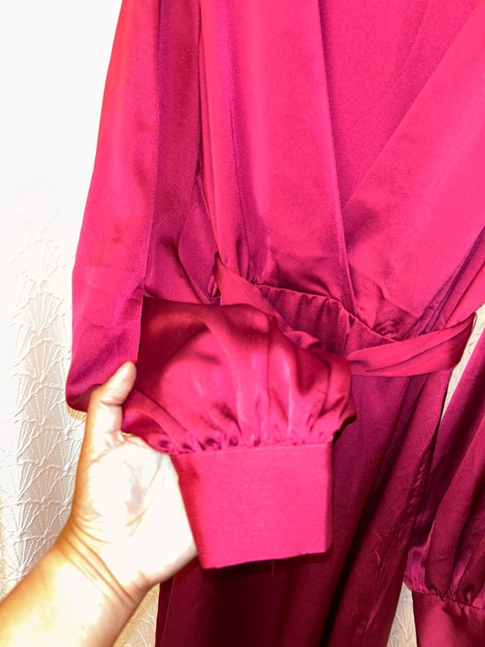 Shoe Dazzle Satin Wrap Midi Dress in Hot Pink - Picture 2 of 6